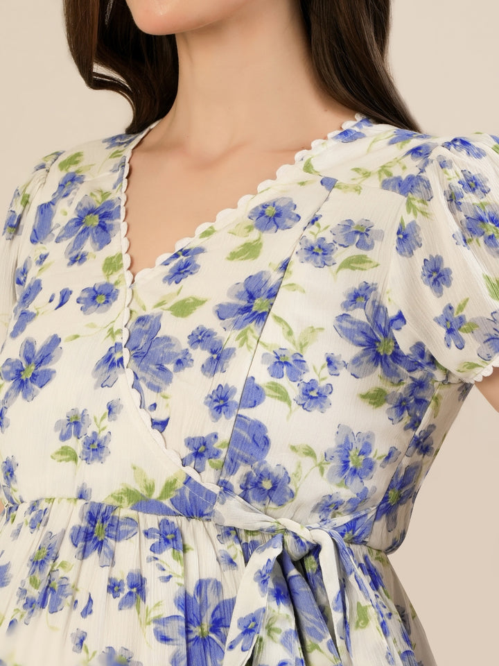 Maternity & Nursing Cotton White Blue Floral Dress