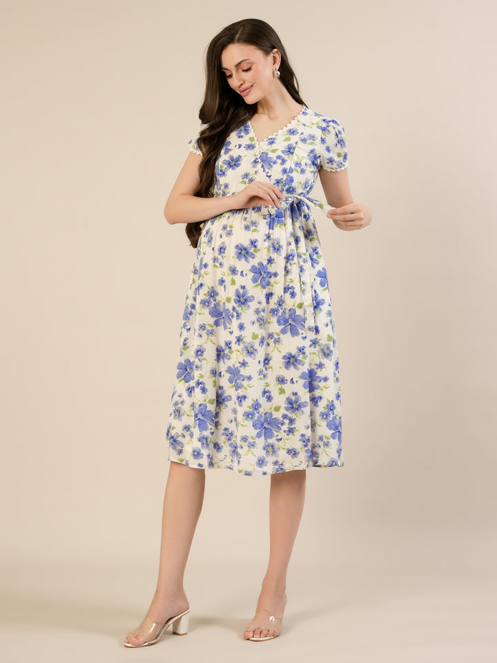 Maternity & Nursing Cotton White Blue Floral Dress