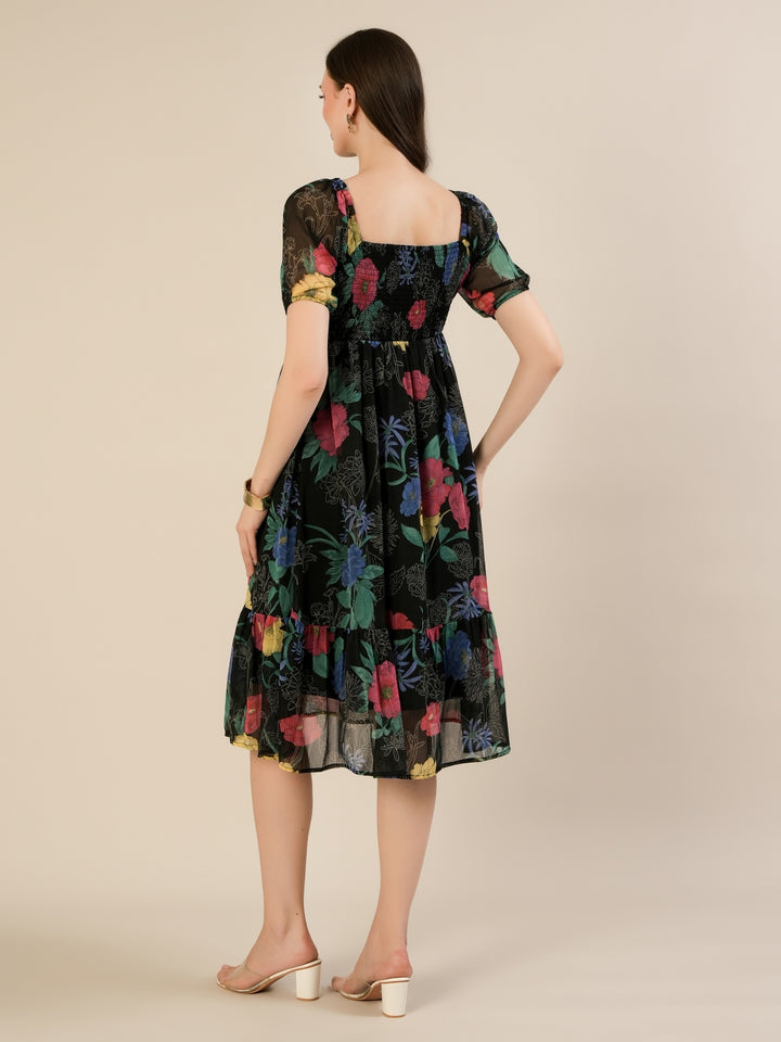 Maternity & Nursing Black Floral Printed Chiffon Midi Dress