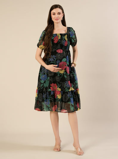 Maternity & Nursing Black Floral Printed Chiffon Midi Dress