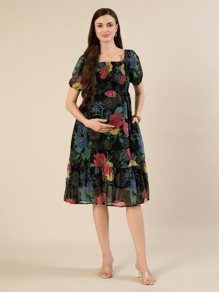 Maternity & Nursing Black Floral Printed Chiffon Midi Dress