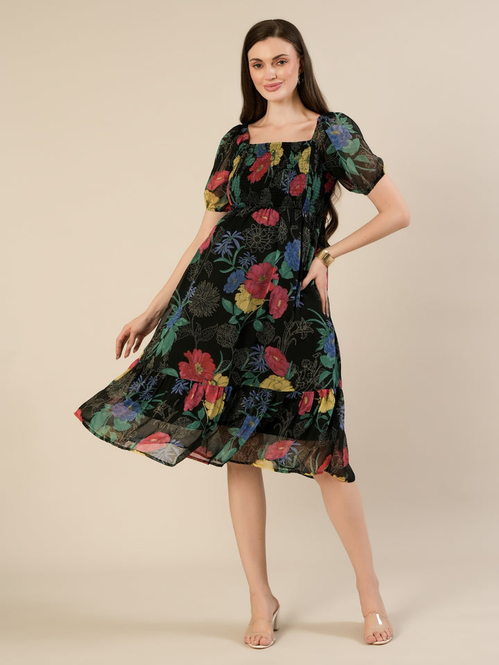 Maternity & Nursing Black Floral Printed Chiffon Midi Dress