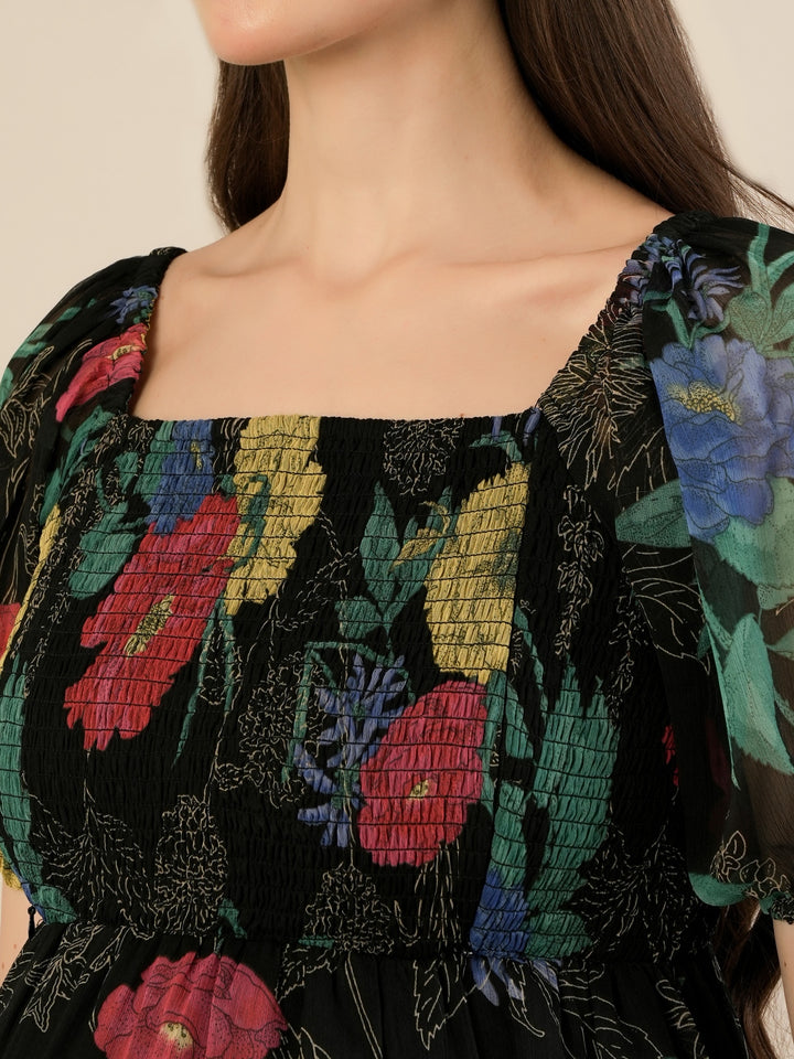 Maternity & Nursing Black Floral Printed Chiffon Midi Dress