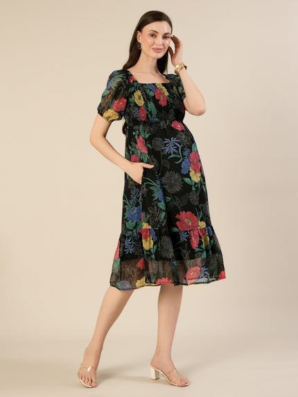 Maternity & Nursing Black Floral Printed Chiffon Midi Dress