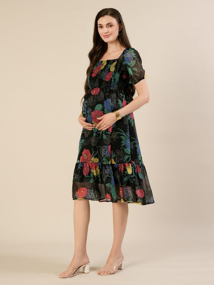 Maternity & Nursing Black Floral Printed Chiffon Midi Dress