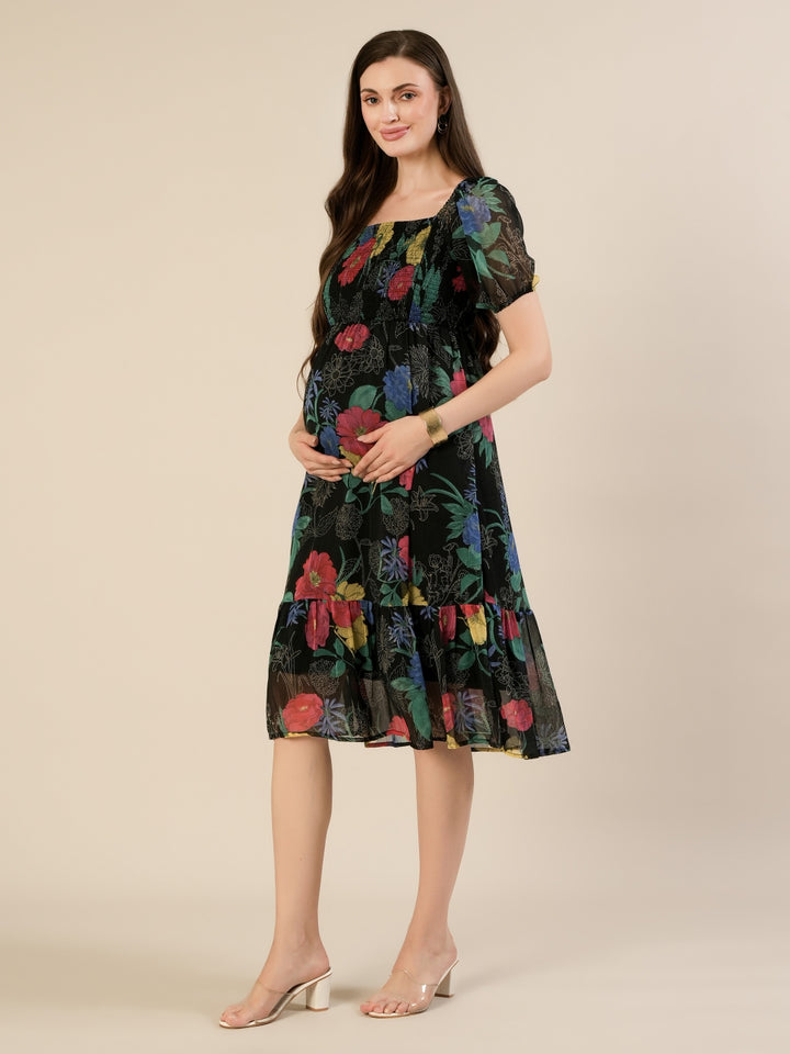 Maternity & Nursing Black Floral Printed Chiffon Midi Dress