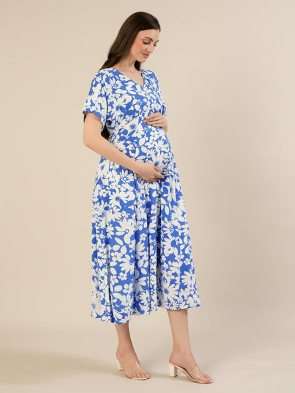 Maternity & Nursing Blue Floral Midi Dress