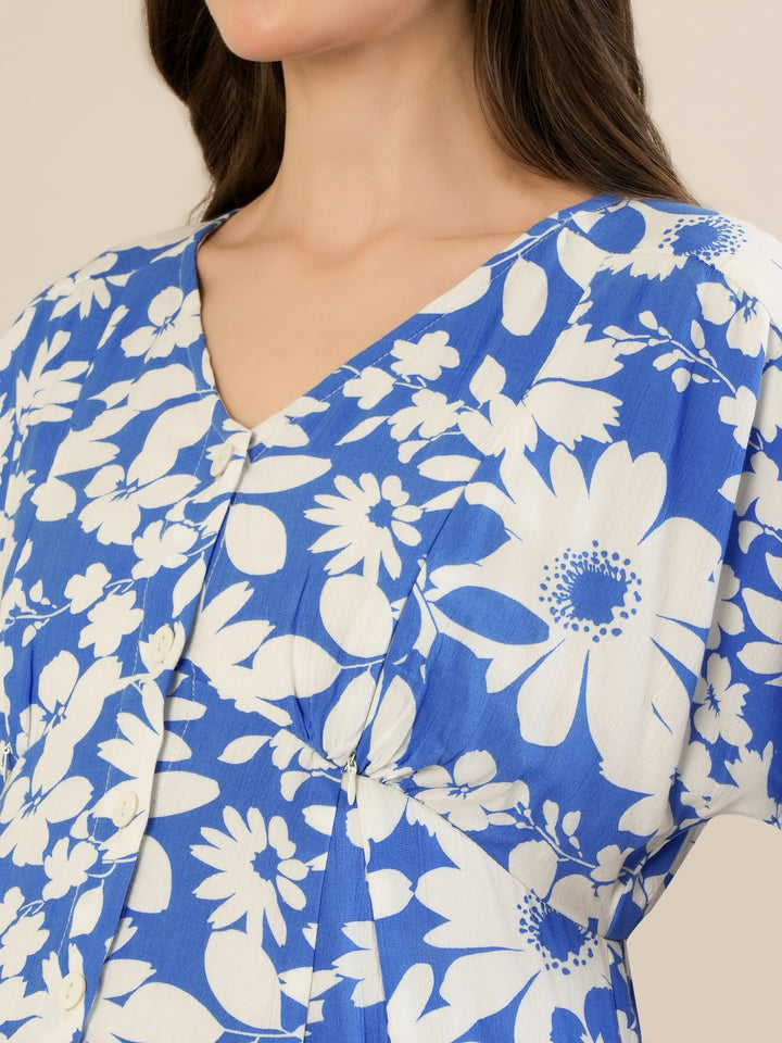 Maternity & Nursing Blue Floral Midi Dress
