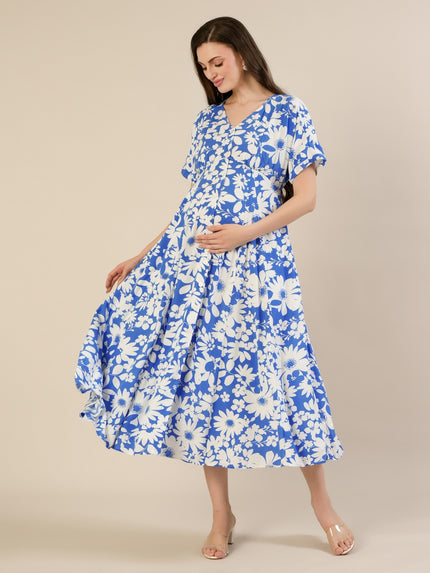 Maternity & Nursing Blue Floral Midi Dress