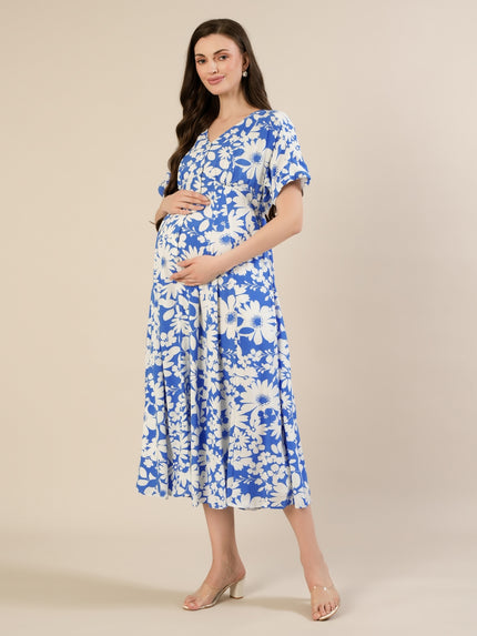 Maternity & Nursing Blue Floral Midi Dress
