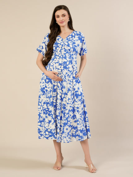 Maternity & Nursing Blue Floral Midi Dress