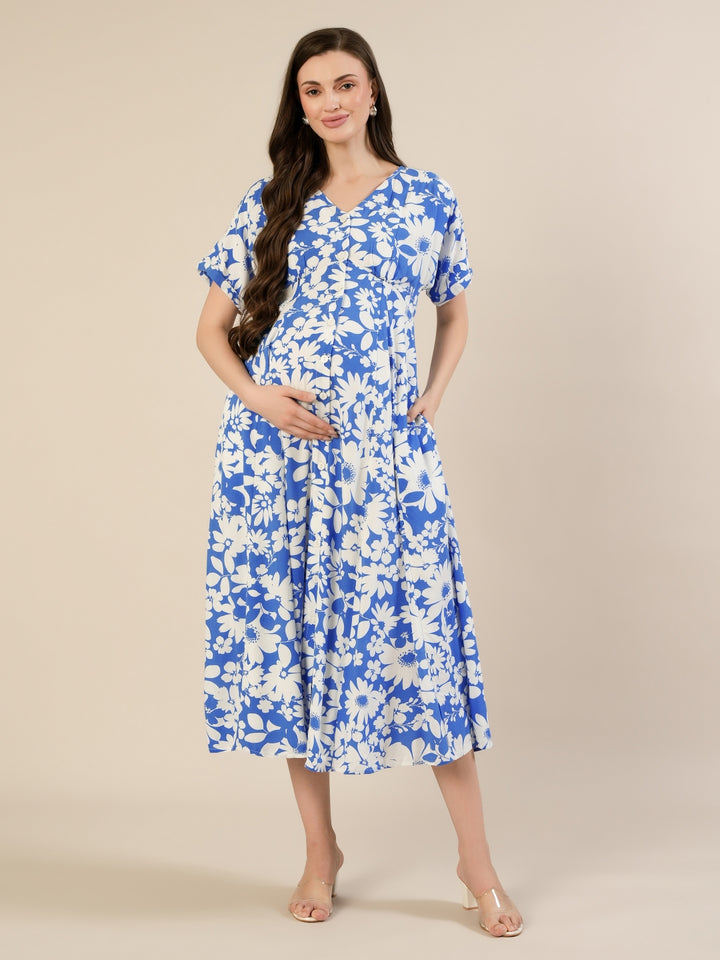 Maternity & Nursing Blue Floral Midi Dress