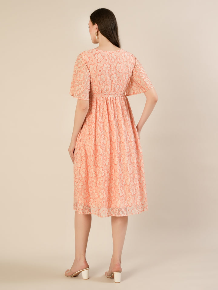 Maternity & Nursing Peach Lace Flutter Sleeve Wrap Dress
