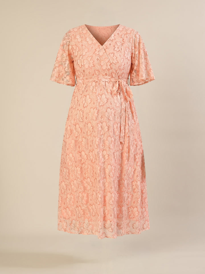 Maternity & Nursing Peach Lace Flutter Sleeve Wrap Dress