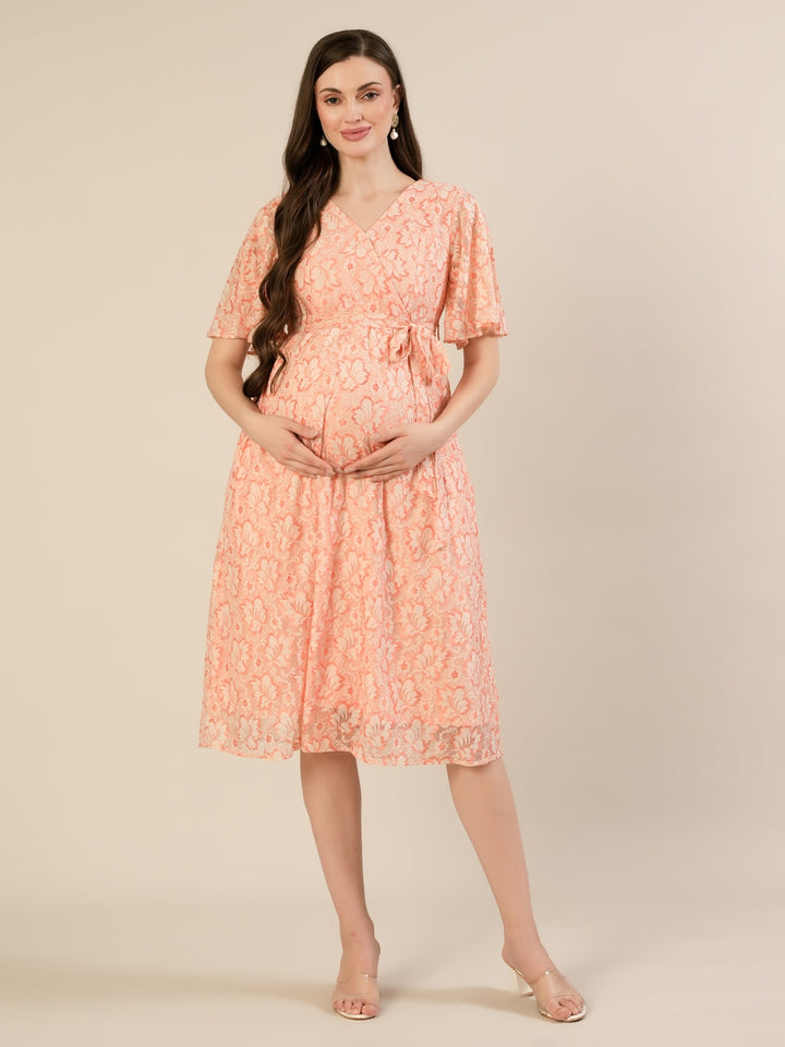 Maternity & Nursing Peach Lace Flutter Sleeve Wrap Dress