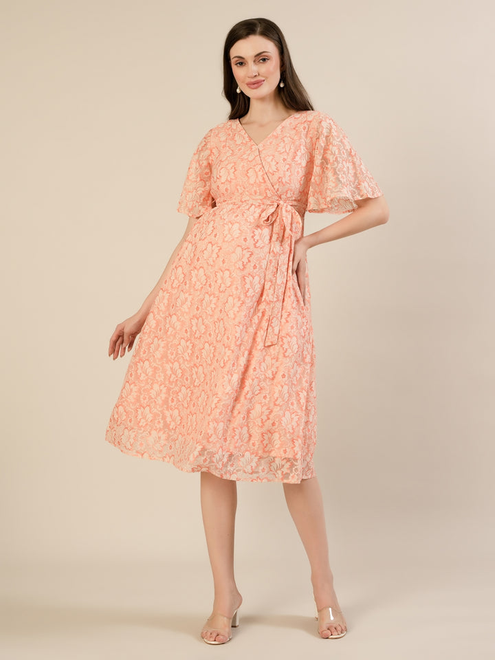 Maternity & Nursing Peach Lace Flutter Sleeve Wrap Dress