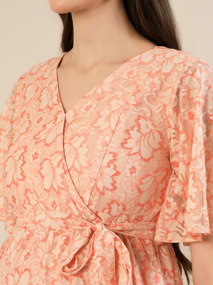 Maternity & Nursing Peach Lace Flutter Sleeve Wrap Dress