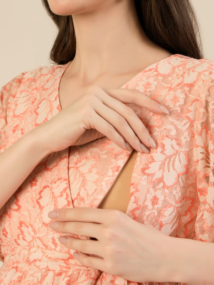 Maternity & Nursing Peach Lace Flutter Sleeve Wrap Dress