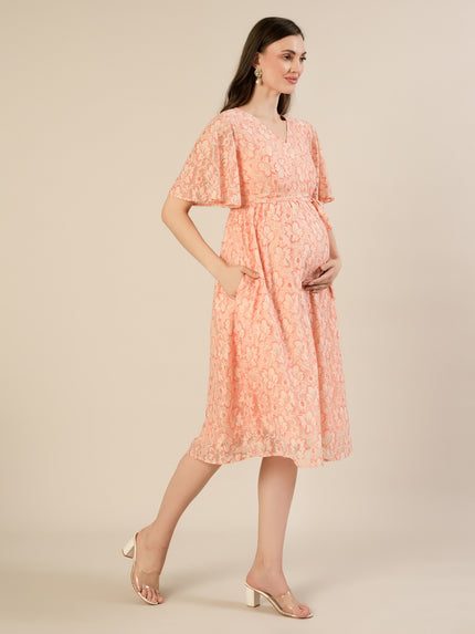 Maternity & Nursing Peach Lace Flutter Sleeve Wrap Dress