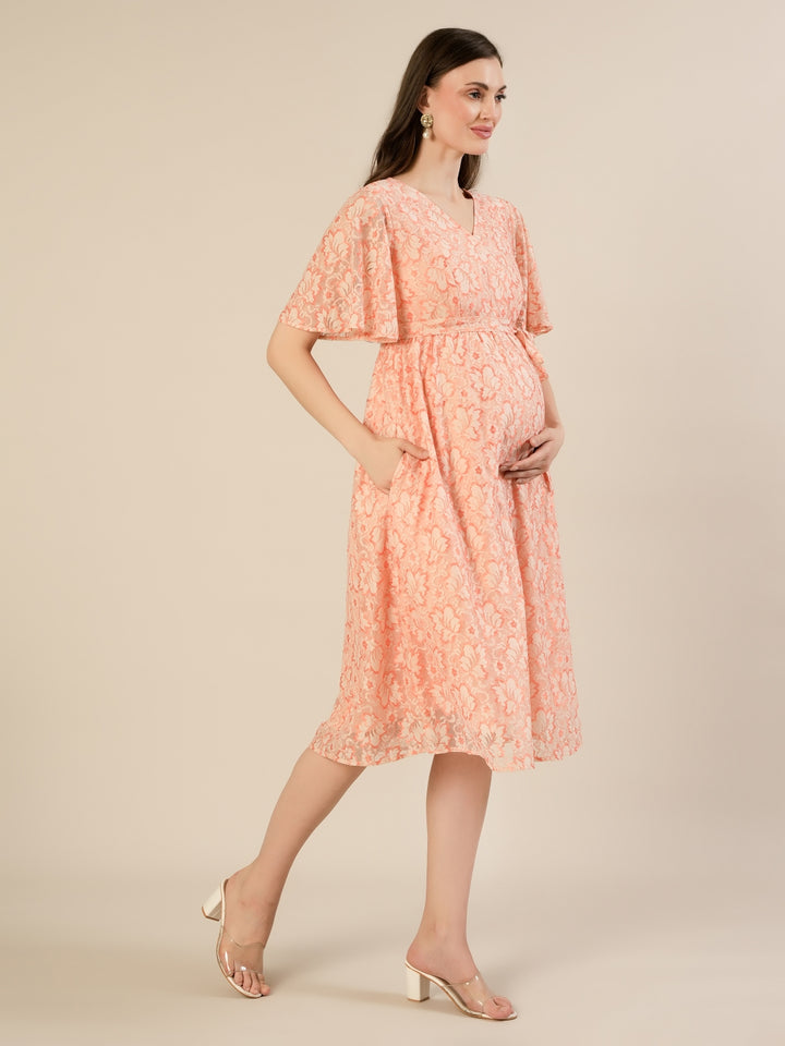 Maternity & Nursing Peach Lace Flutter Sleeve Wrap Dress