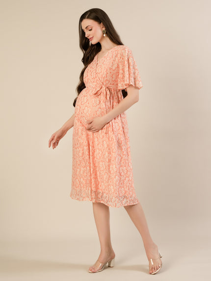 Maternity & Nursing Peach Lace Flutter Sleeve Wrap Dress