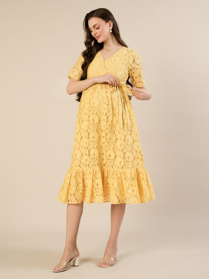 Maternity & Nursing Yellow Floral Lace Midi Dress