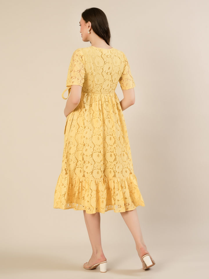 Maternity & Nursing Yellow Floral Lace Midi Dress
