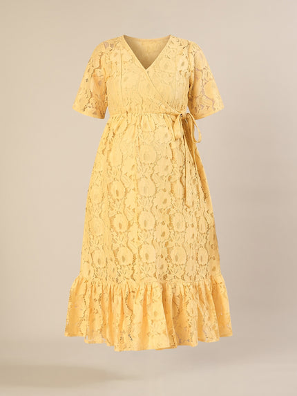 Maternity & Nursing Yellow Floral Lace Midi Dress