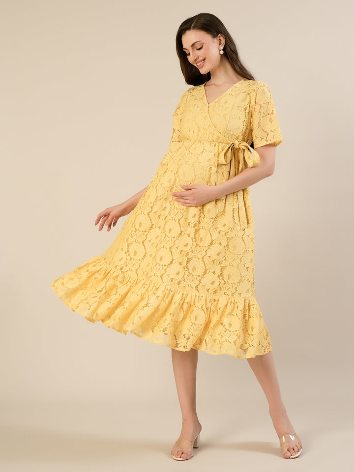 Maternity & Nursing Yellow Floral Lace Midi Dress