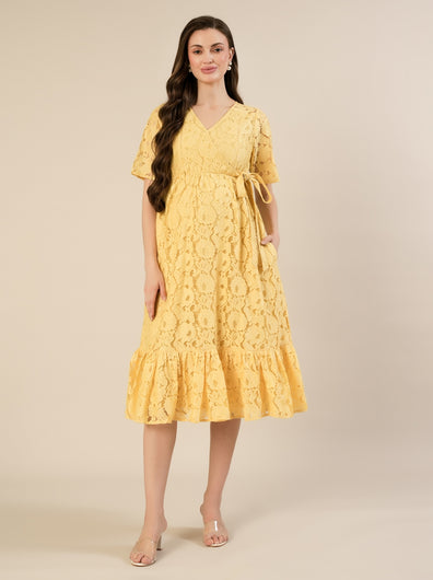 Maternity & Nursing Yellow Floral Lace Midi Dress