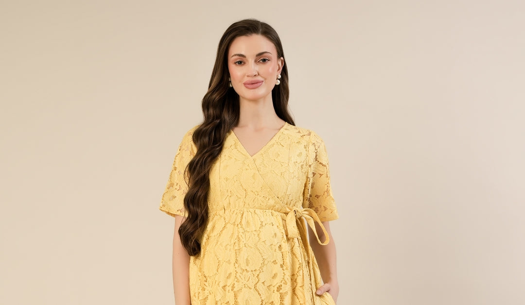 yellow lace maternity dress Momyknows Yellow Off Shoulder Lace Flare Sleeve Lace Up Maternity Baby Shower Maxi Dress, Yellow / M
