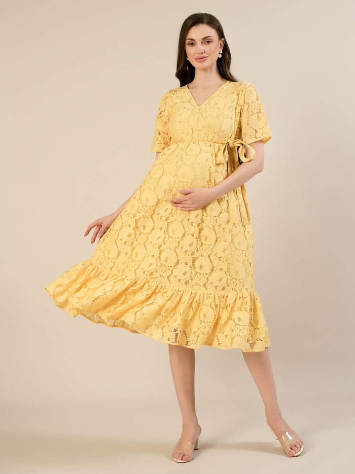 Maternity & Nursing Yellow Floral Lace Midi Dress