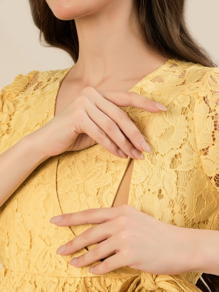 Maternity & Nursing Yellow Floral Lace Midi Dress