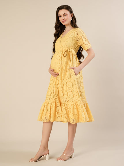 Maternity & Nursing Yellow Floral Lace Midi Dress