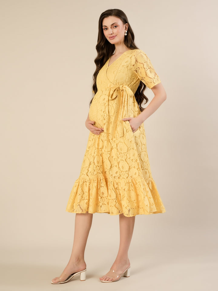 Maternity & Nursing Yellow Floral Lace Midi Dress