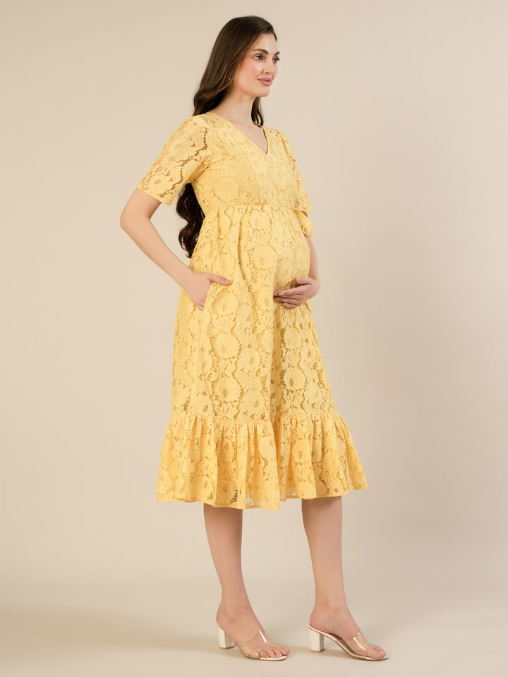 Maternity & Nursing Yellow Floral Lace Midi Dress