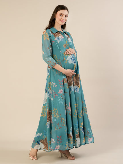 Maternity & Nursing Floral Printed Blue Maxi Dress