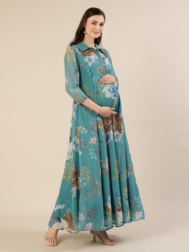 Maternity & Nursing Floral Printed Blue Maxi Dress