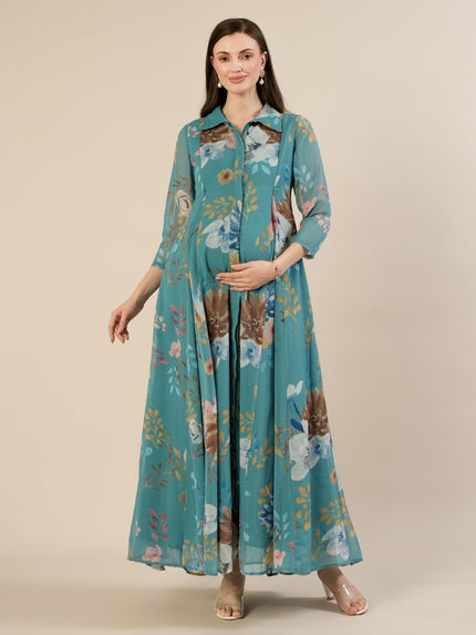 Maternity & Nursing Floral Printed Blue Maxi Dress