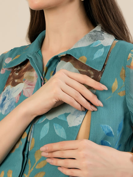 Maternity & Nursing Floral Printed Blue Maxi Dress