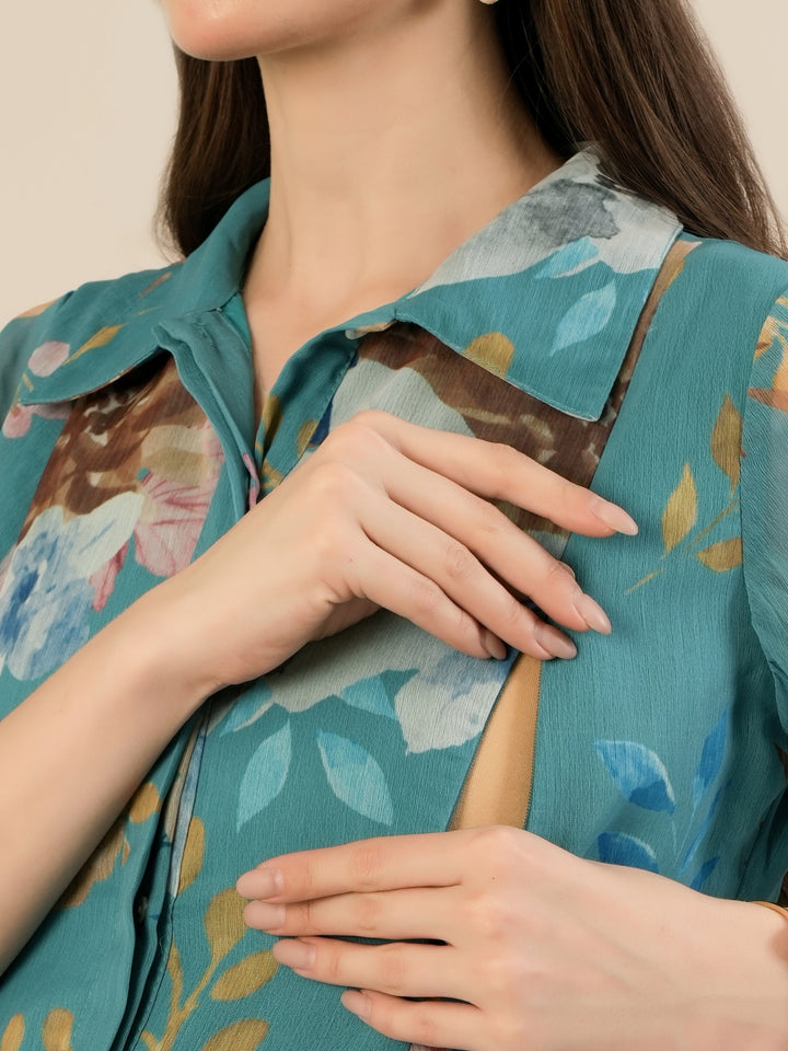 Maternity & Nursing Floral Printed Blue Maxi Dress