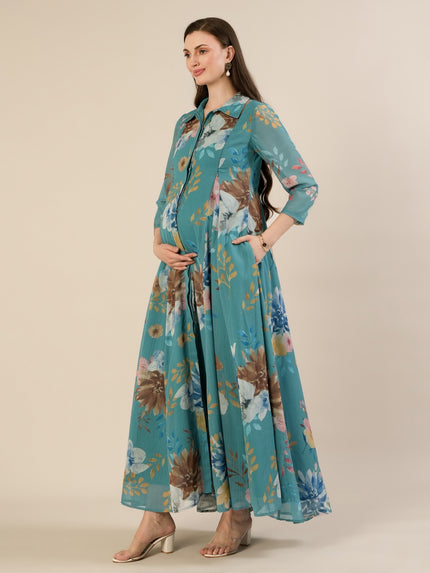 Maternity & Nursing Floral Printed Blue Maxi Dress