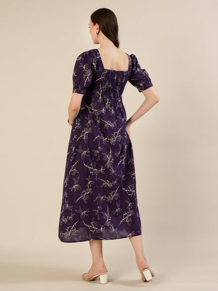 Maternity & Nursing Floral Purple Cotton Long Dress