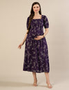Maternity & Nursing Floral Purple Cotton Long Dress