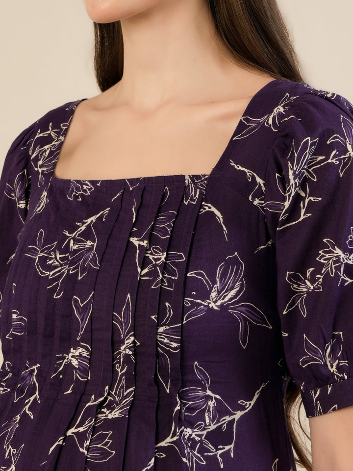 Maternity & Nursing Floral Purple Cotton Long Dress