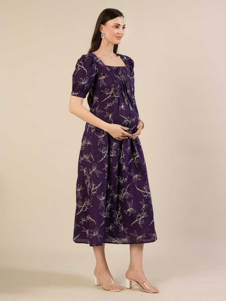 Maternity & Nursing Floral Purple Cotton Long Dress