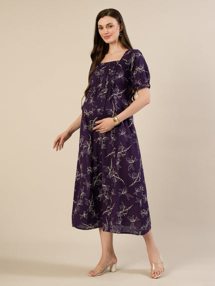 Maternity & Nursing Floral Purple Cotton Long Dress