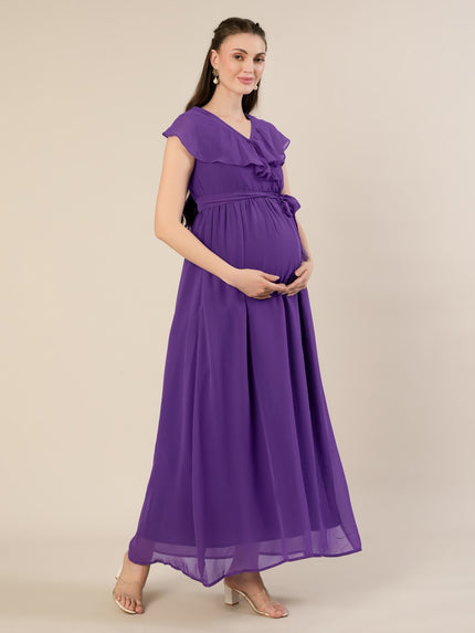Maternity & Nursing Purple Ruffle Side Slit Maxi Dress