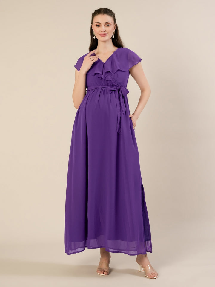 Maternity & Nursing Purple Ruffle Side Slit Maxi Dress