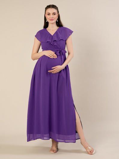 Maternity & Nursing Purple Ruffle Side Slit Maxi Dress